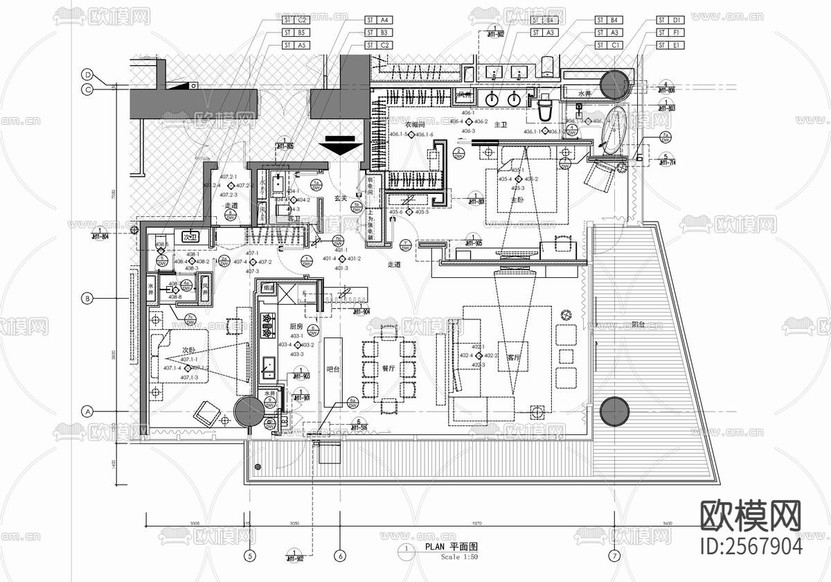 家裝平層cad施工圖下載(渲染圖9)