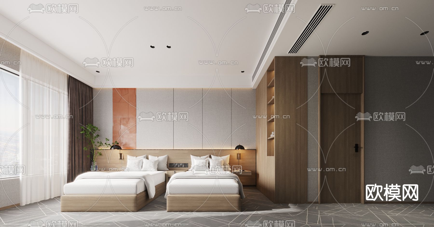 现代酒店客房 双床房免费3d模型下载_ID14011017_3dmax免费模型-欧模网