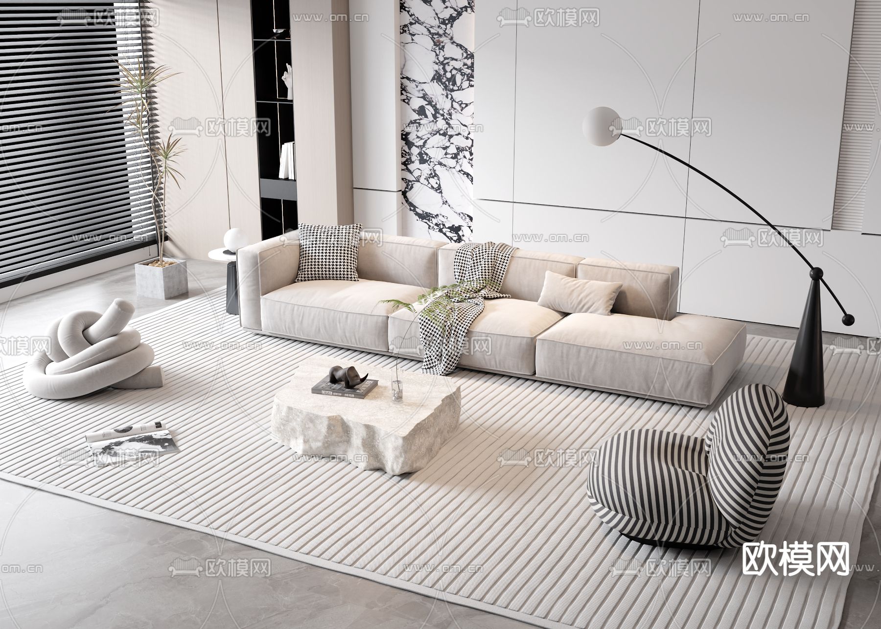 奶油风组合沙发su模型下载（渲染图1）