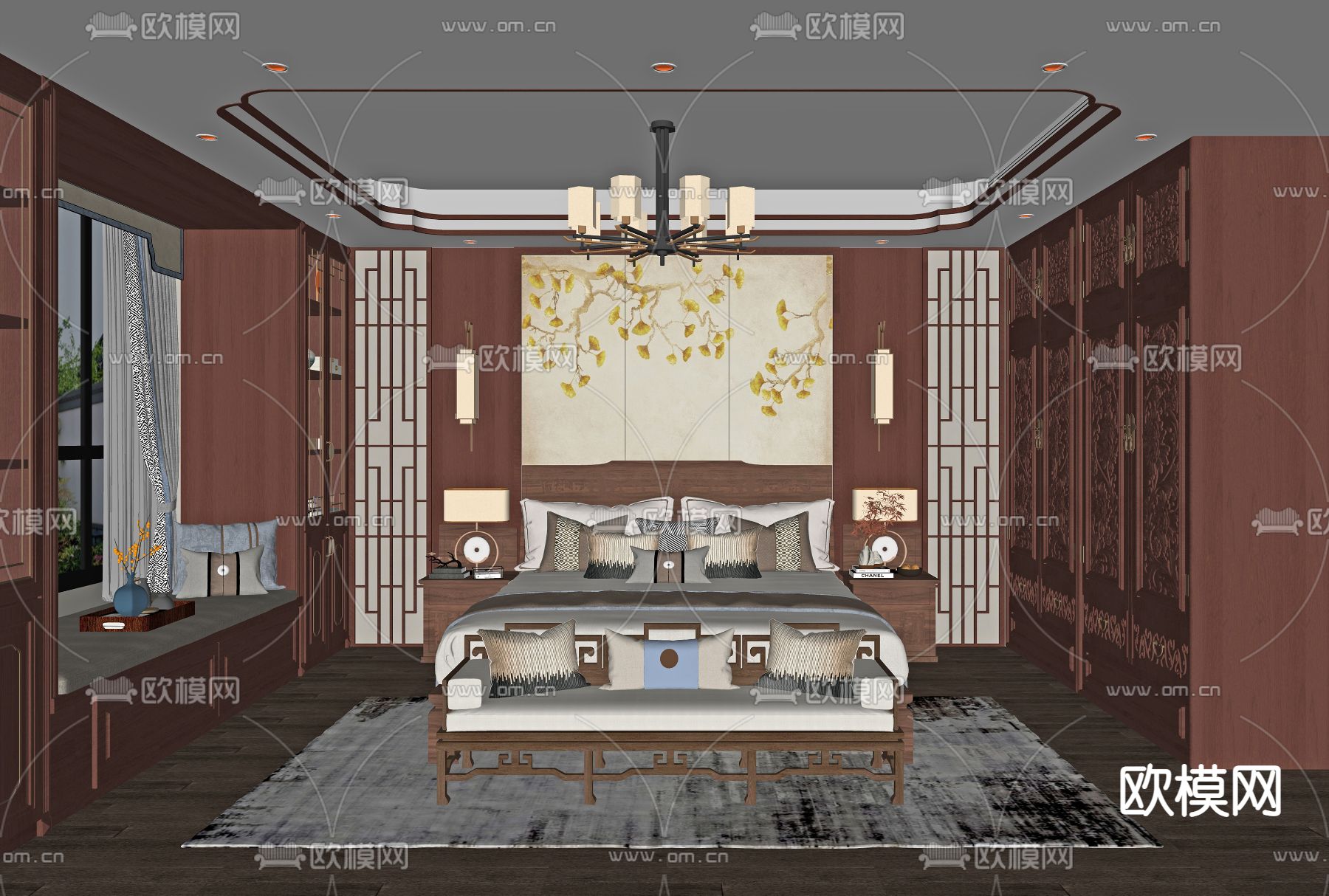中式卧室su模型下载（渲染图2）
