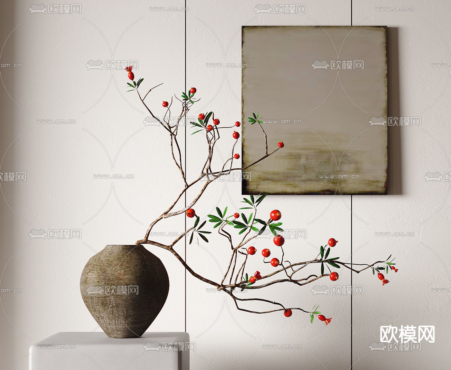 侘寂风花瓶 发财果 插花 花艺3d模型