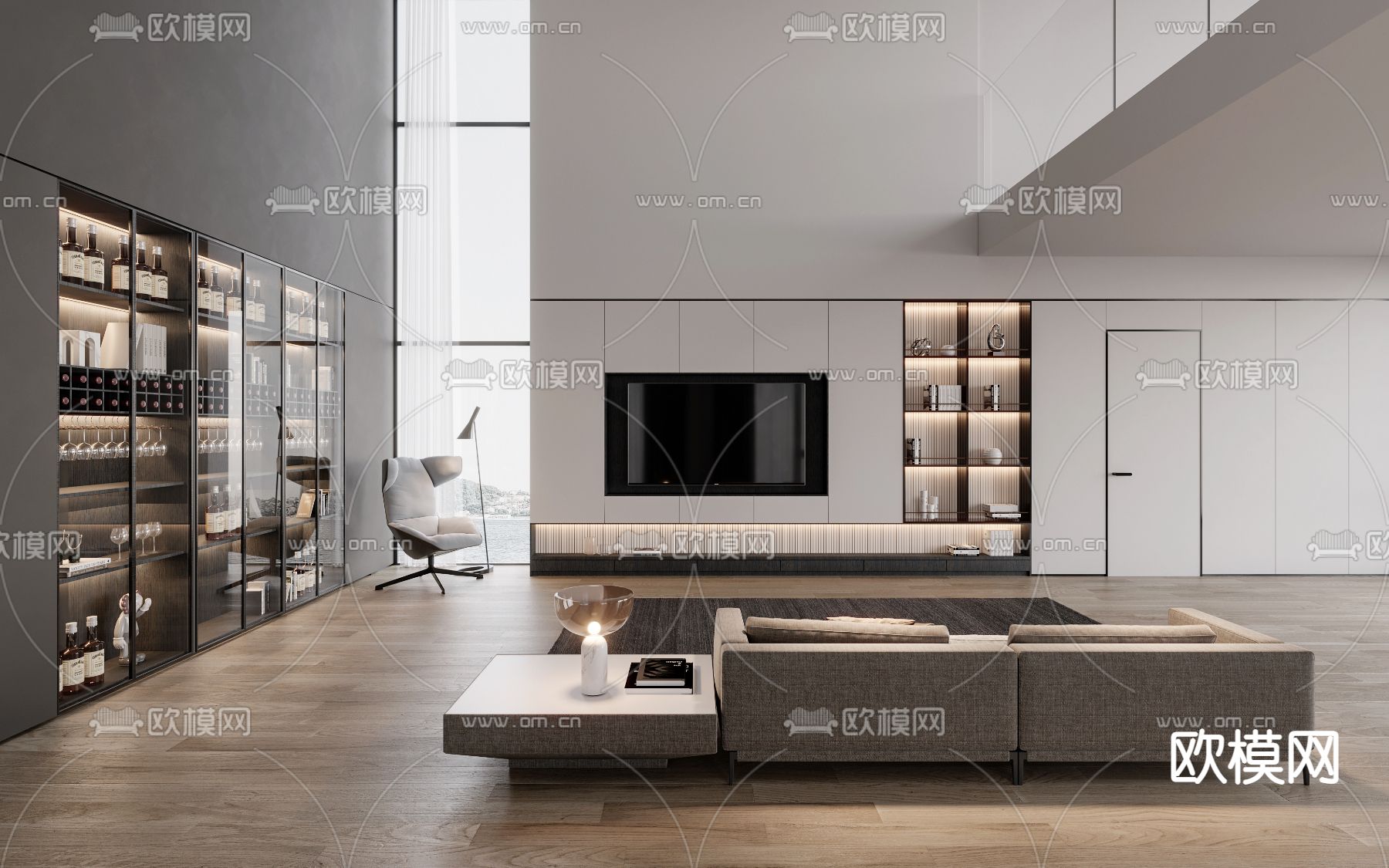 挑空别墅客厅3d模型下载