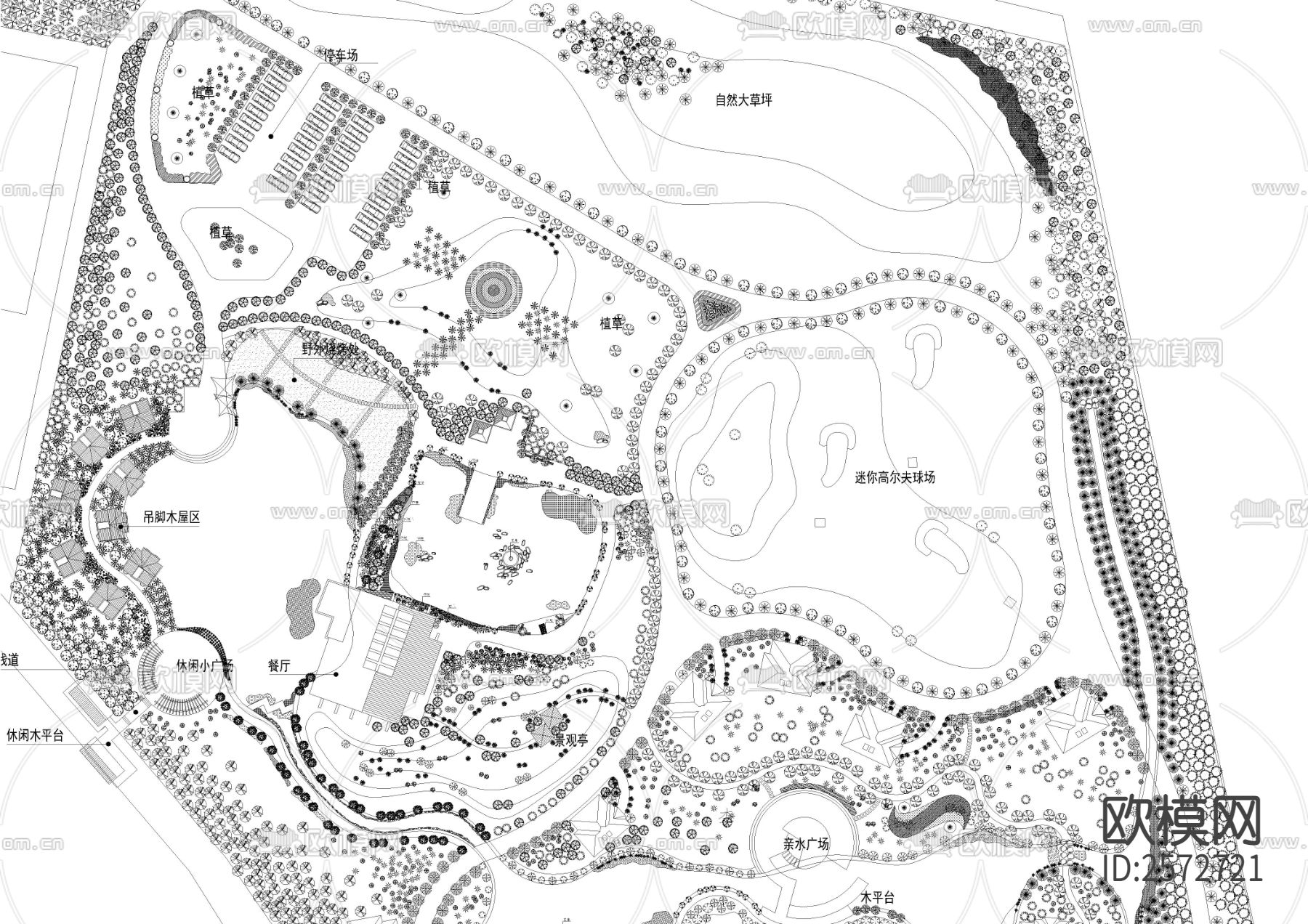 休闲农庄平面绿化CAD施工图下载（渲染图3）