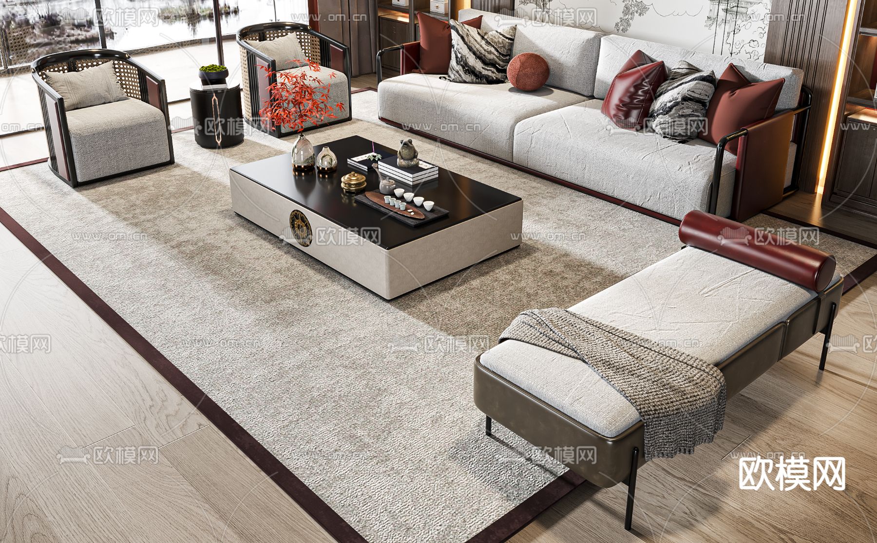 新中式组合沙发3d模型下载（渲染图2）