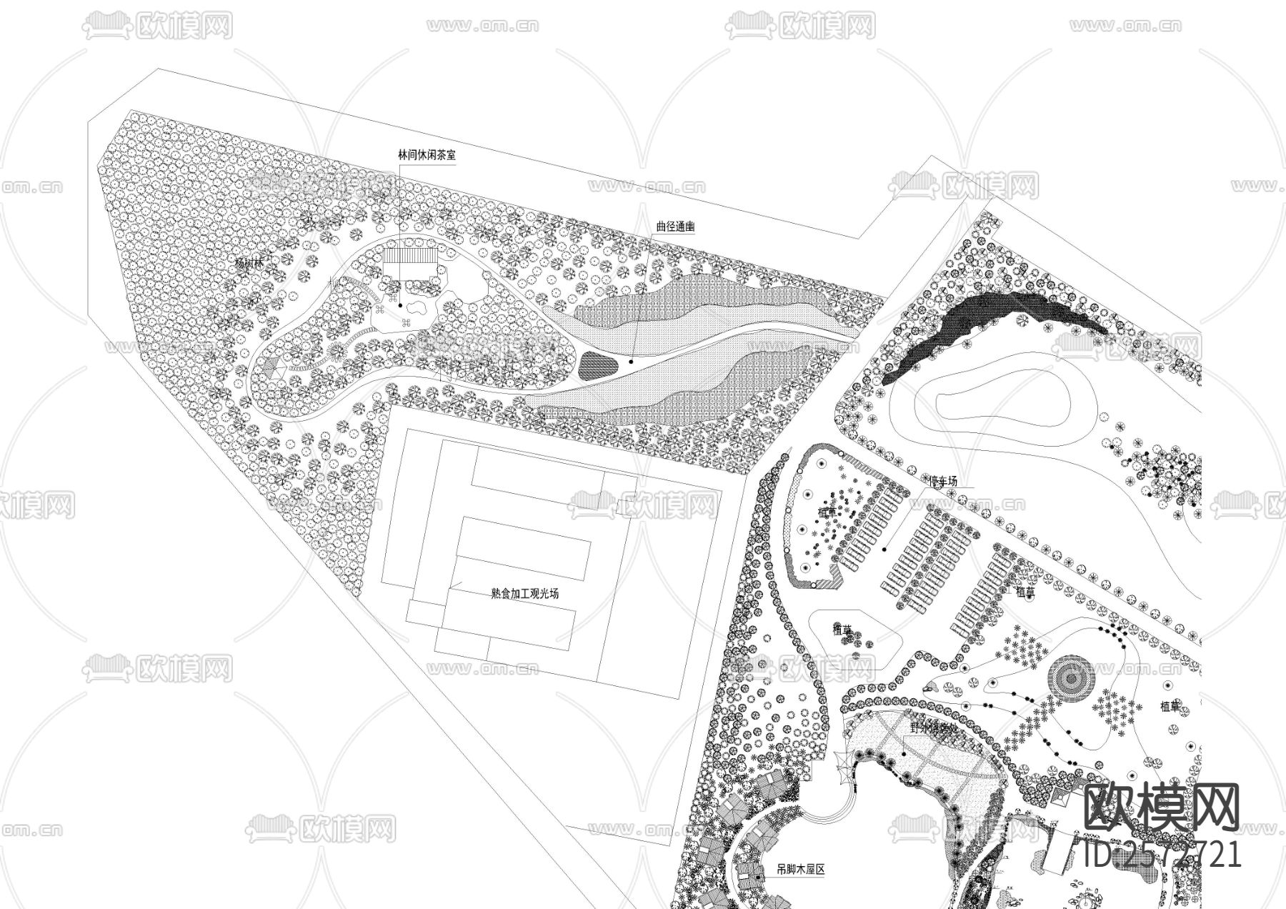 休闲农庄平面绿化CAD施工图下载（渲染图2）