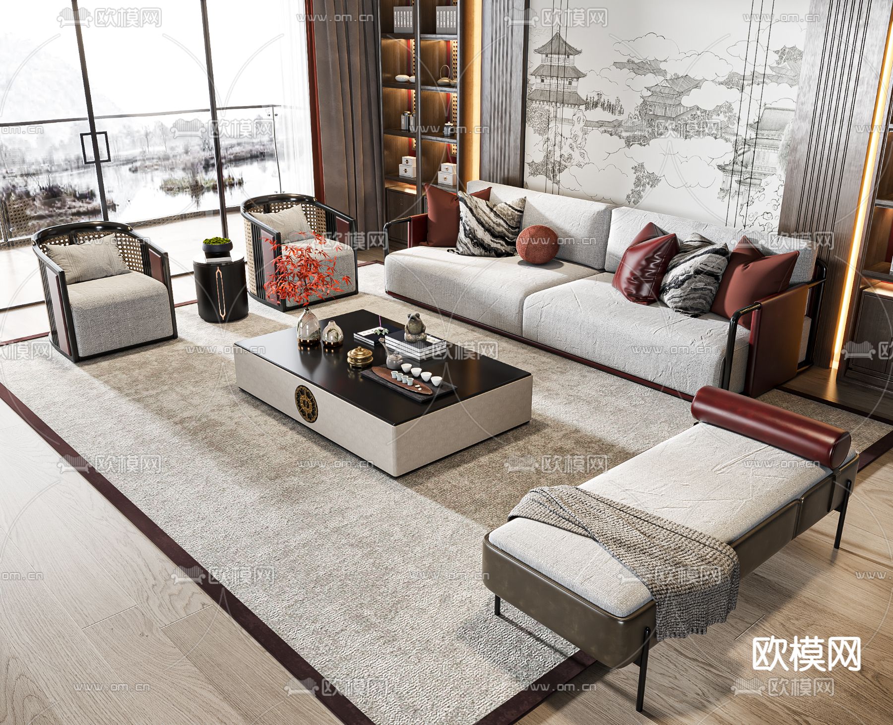 新中式组合沙发3d模型下载（渲染图1）
