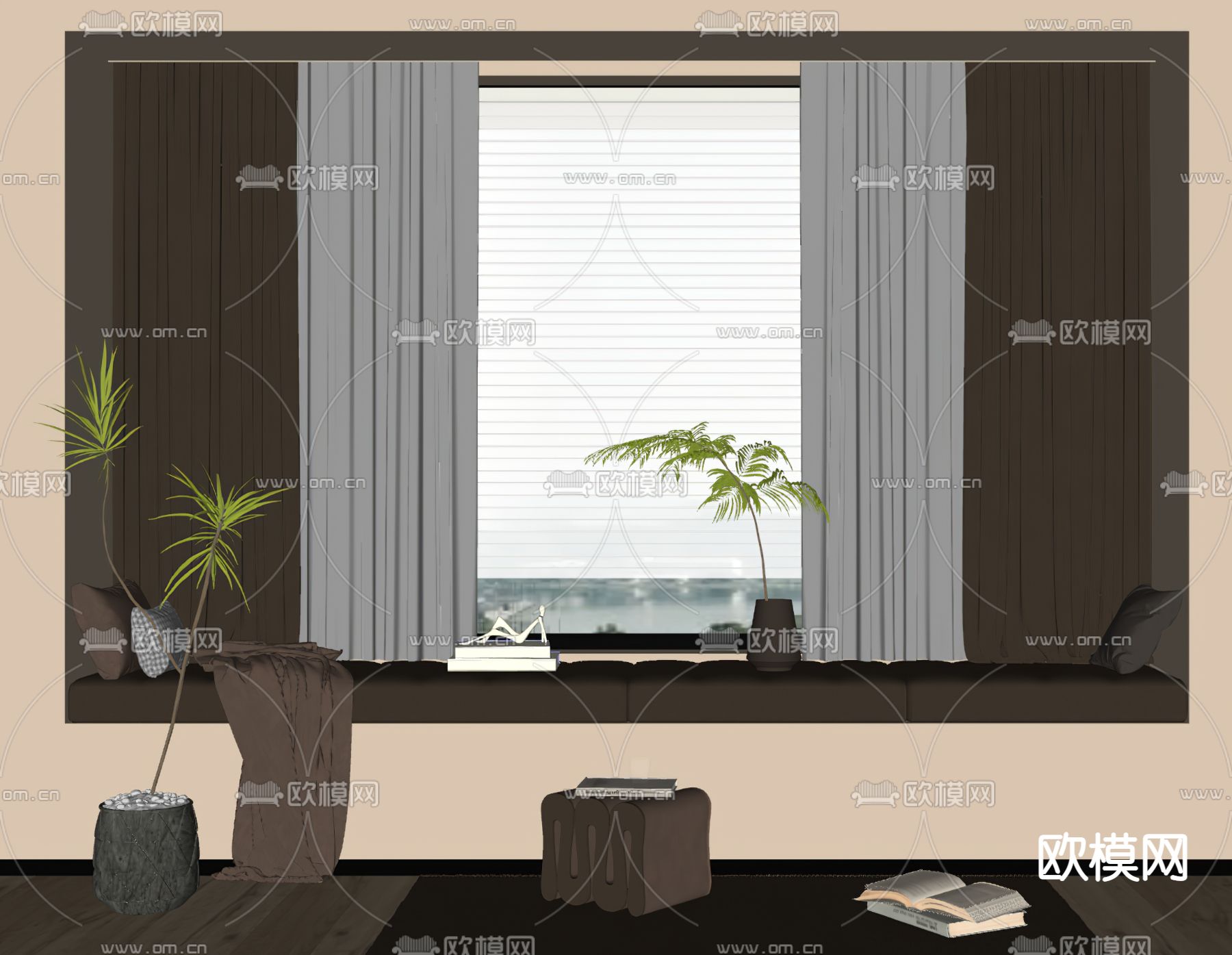 现代飘窗 飘窗垫su模型下载（渲染图3）