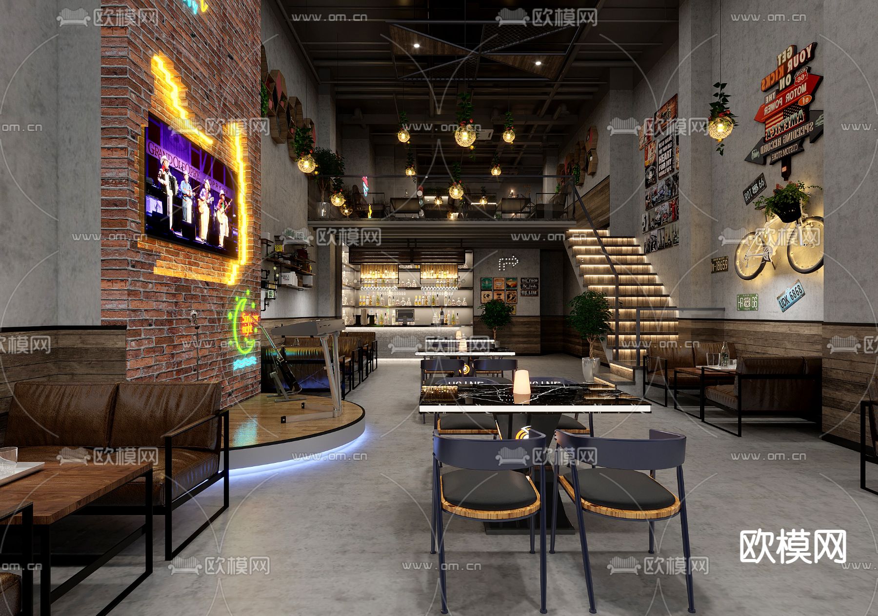 工业风音乐餐厅3d模型下载