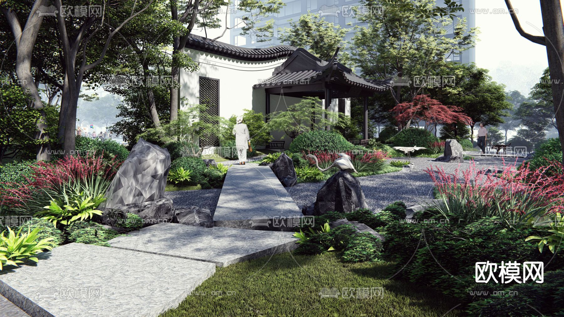 中式小区景观su模型下载（渲染图3）