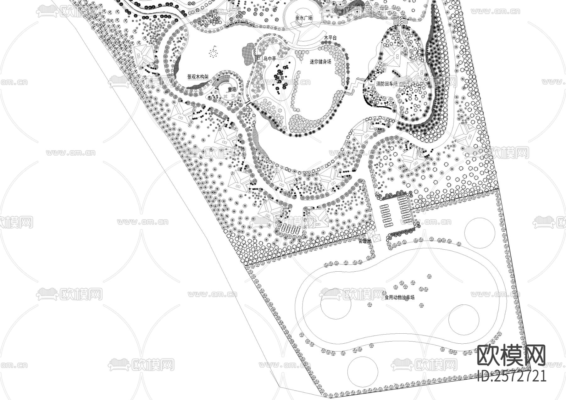 休闲农庄平面绿化CAD施工图下载（渲染图4）