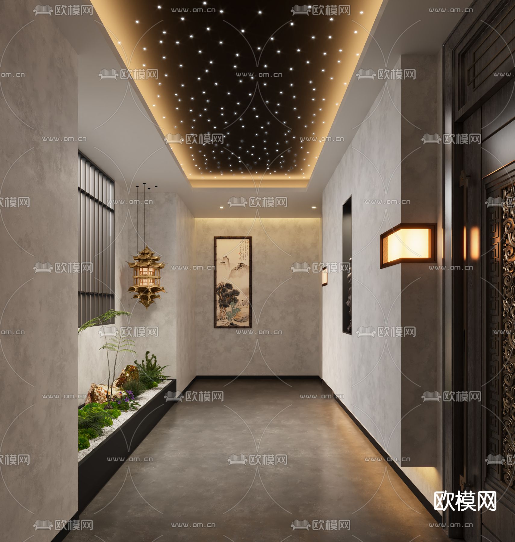 新中式走廊 过道3d模型下载_ID14021197_3dmax免费模型-欧模网
