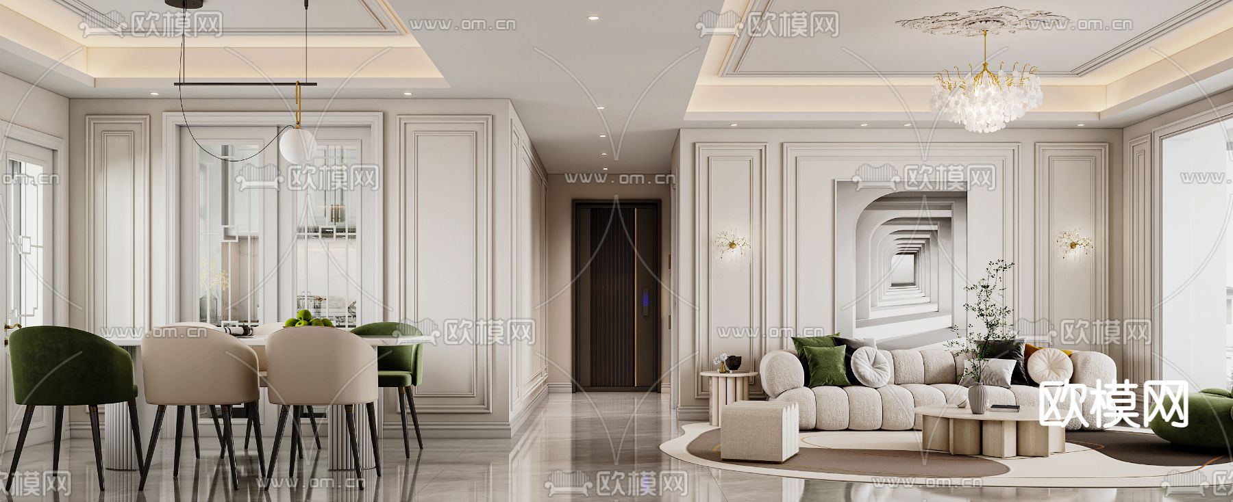 简欧客餐厅3d模型下载（渲染图1）