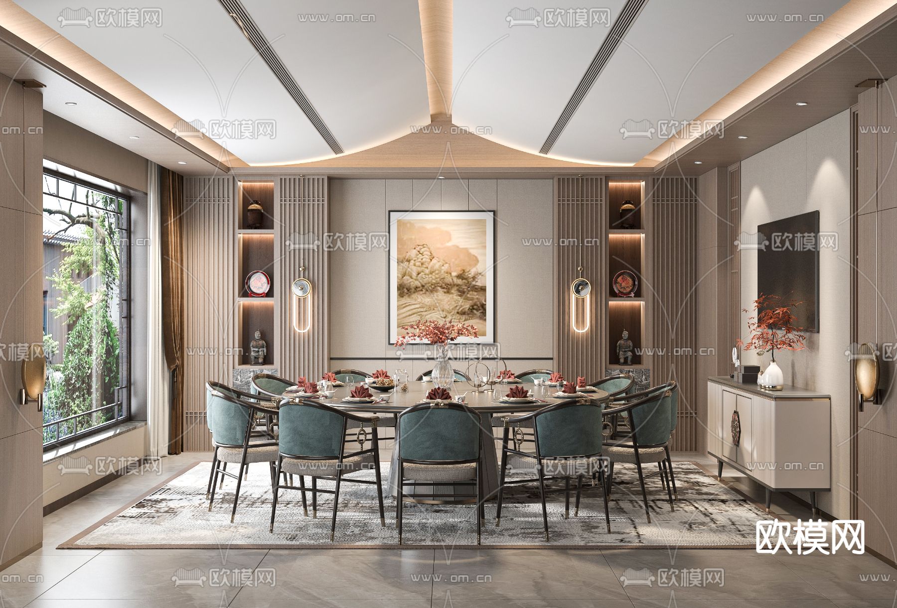 新中式餐厅包房su模型下载（渲染图1）