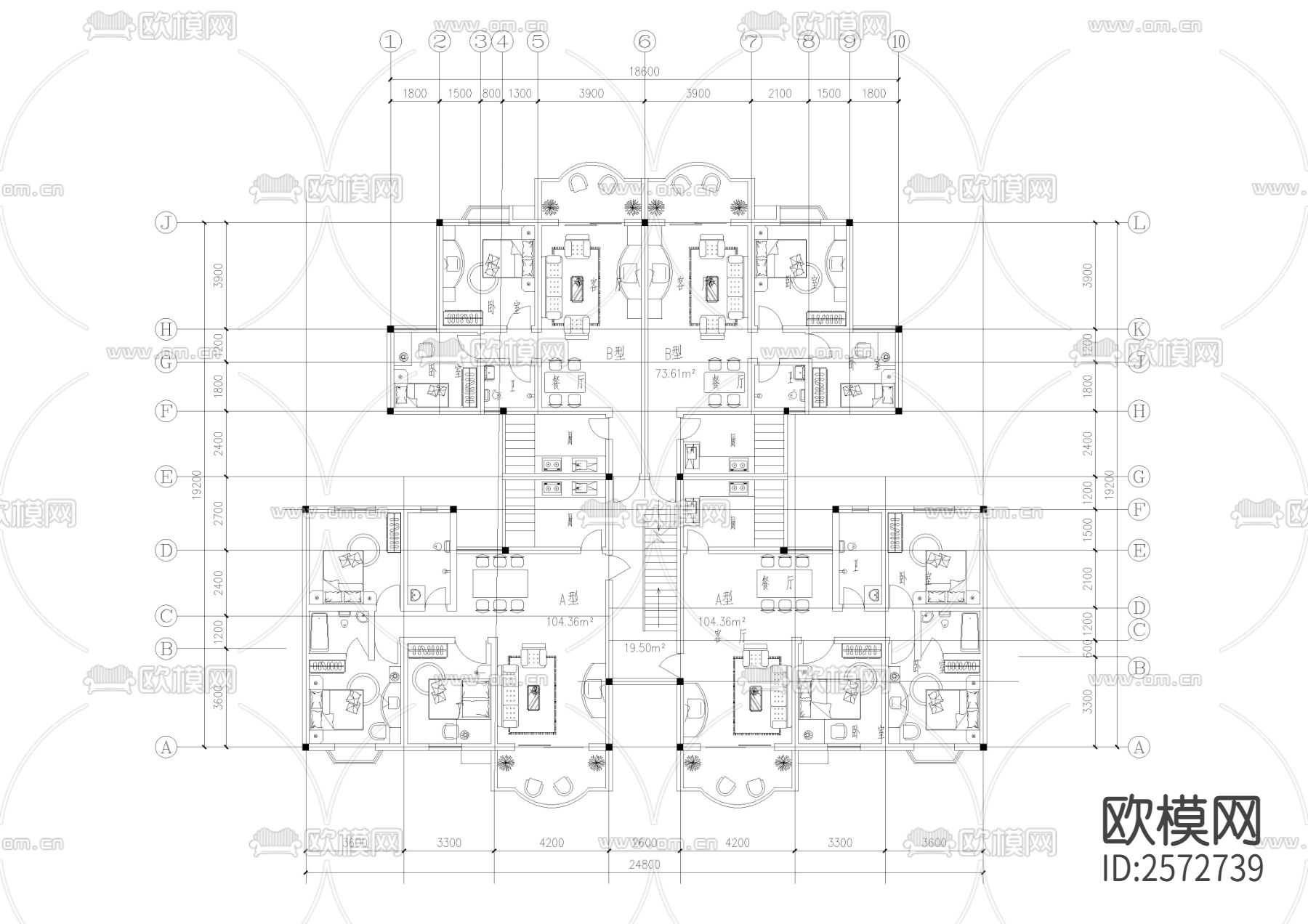 近百种建筑户型CAD施工图下载（渲染图3）