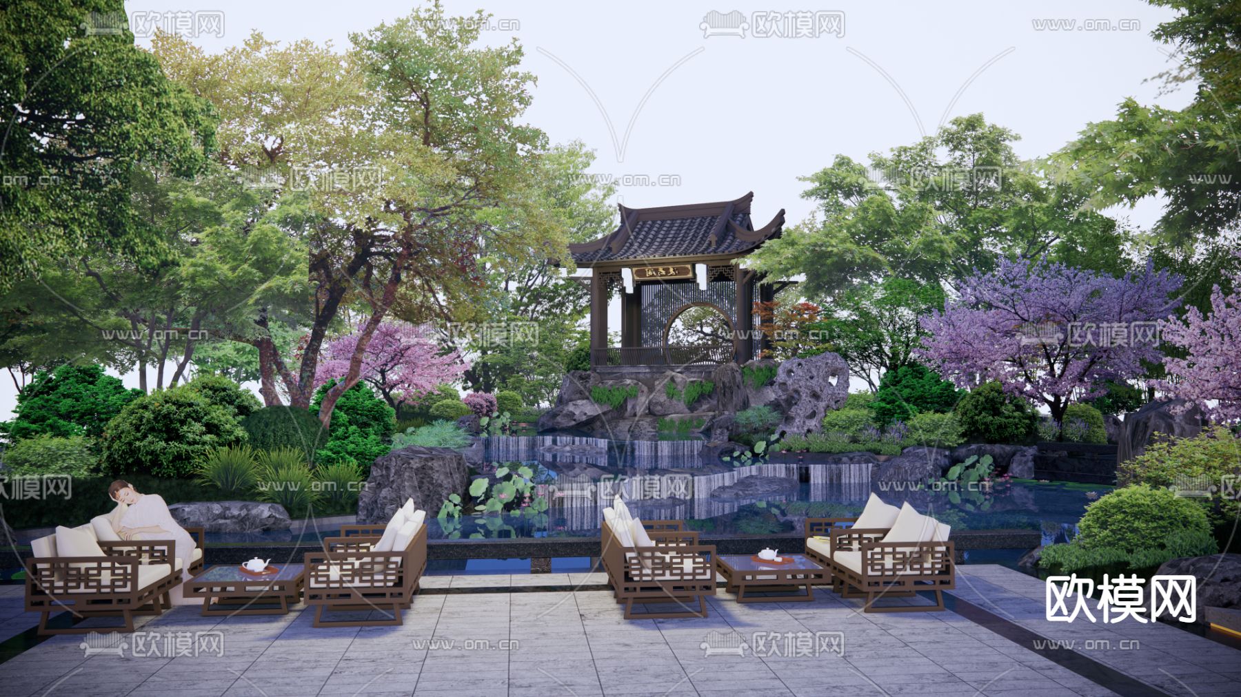 中式园林景观su模型下载（渲染图1）