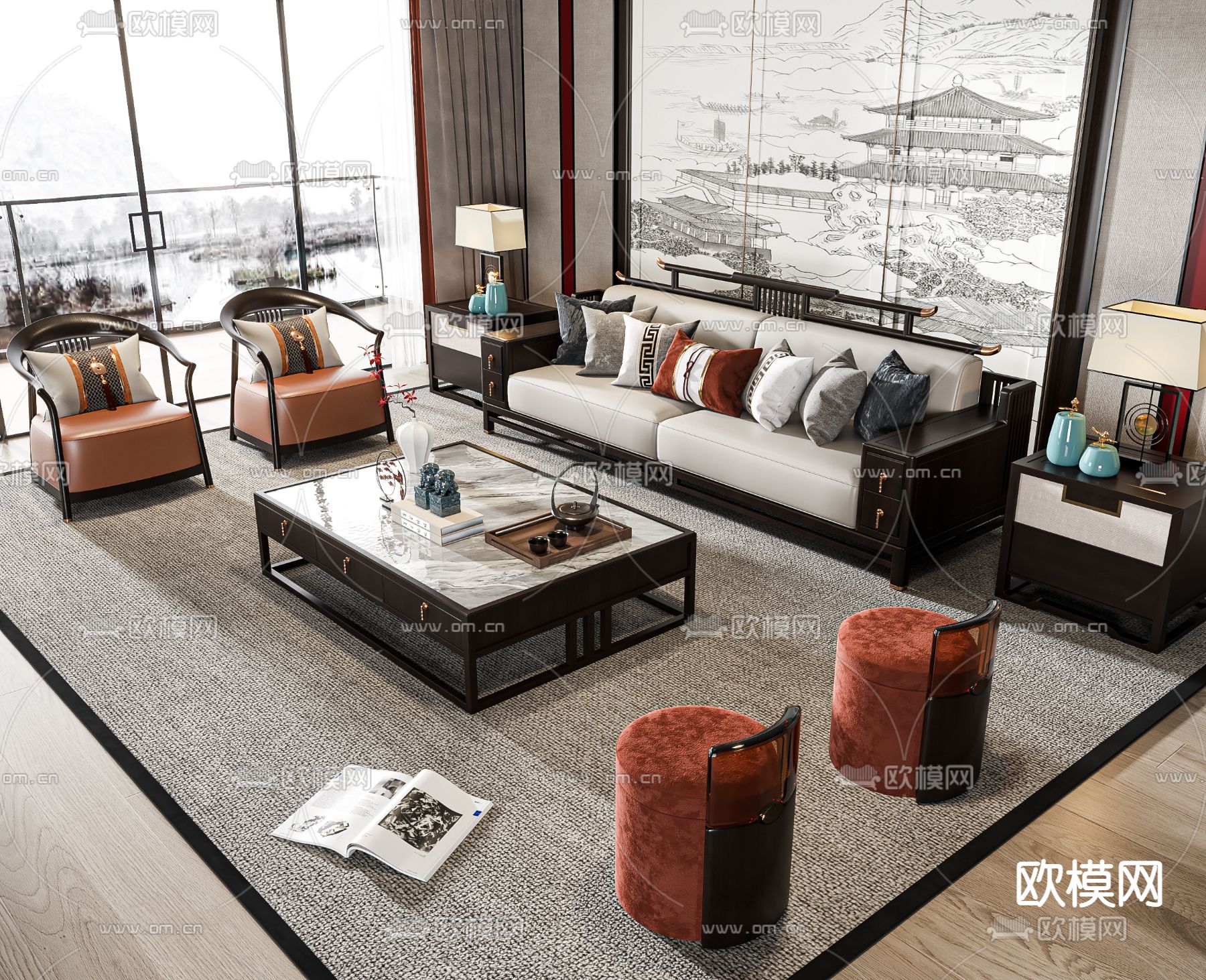 新中式组合沙发3d模型下载（渲染图1）