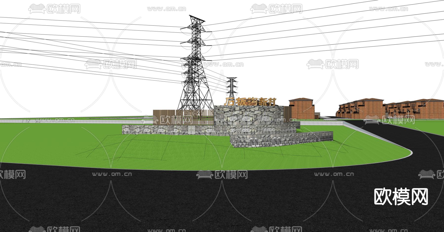 新中式入口景墙su模型下载（渲染图2）