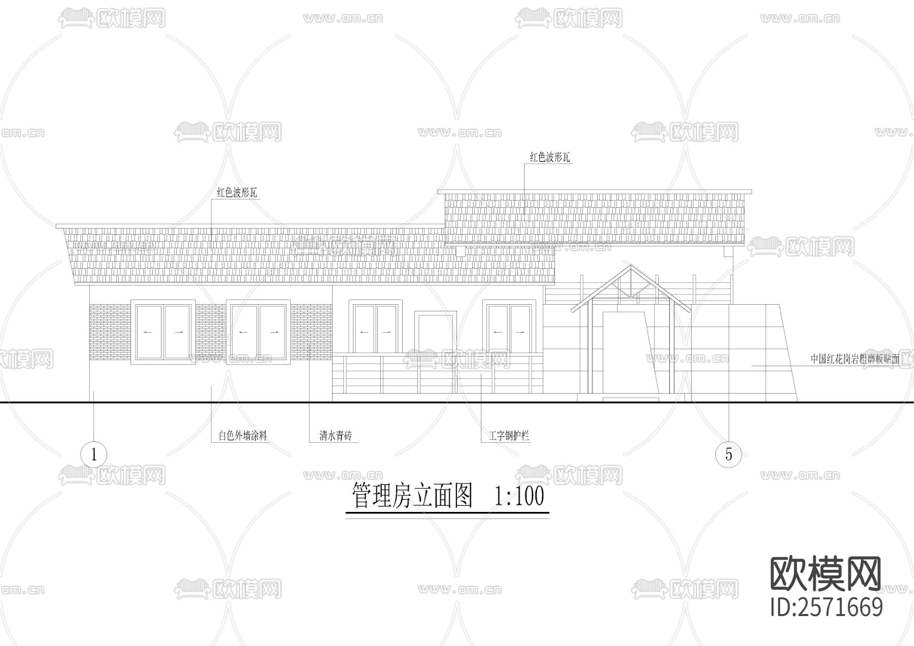 公园内管理房cad施工图下载（渲染图3）