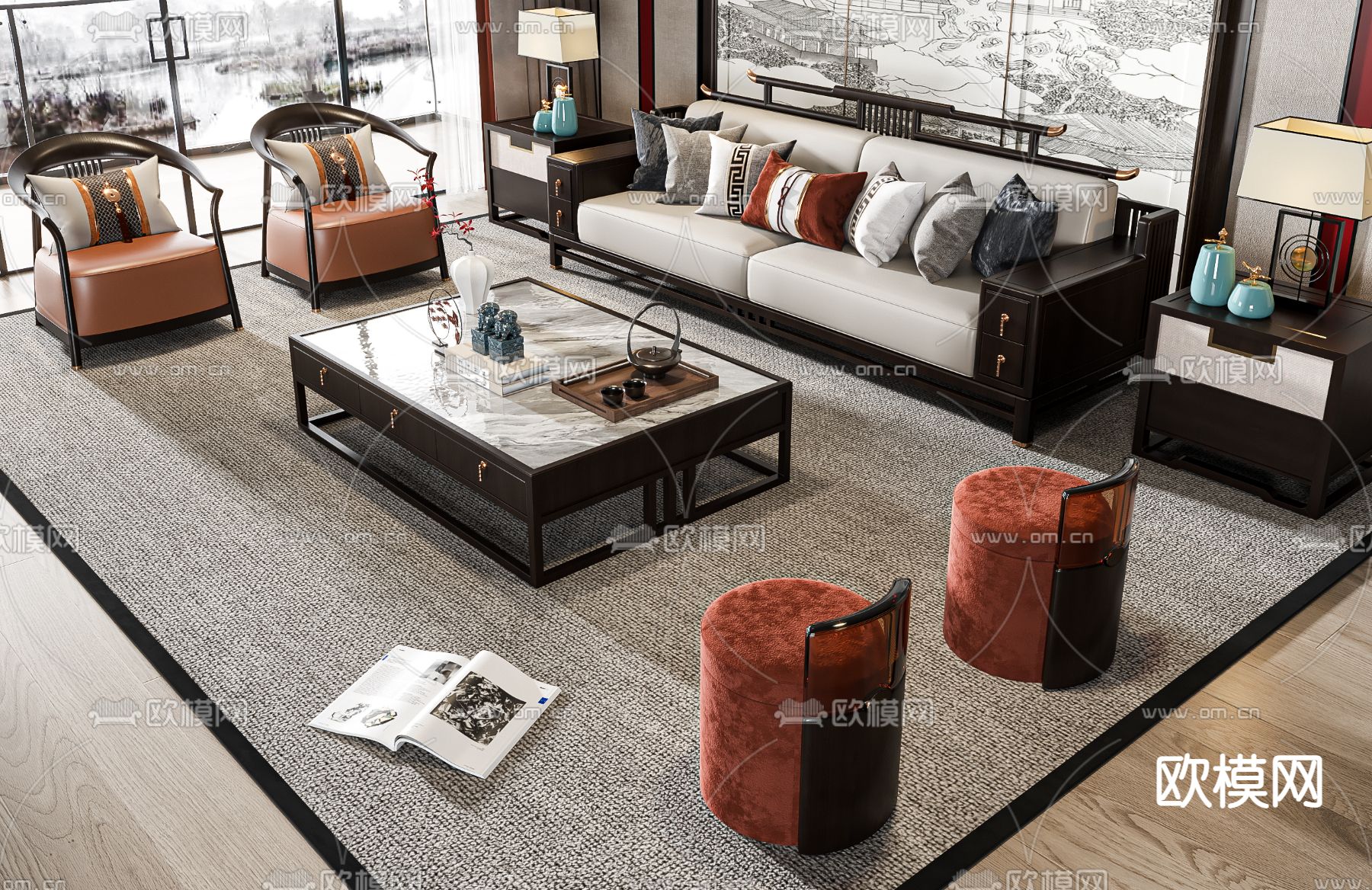 新中式组合沙发3d模型下载（渲染图2）