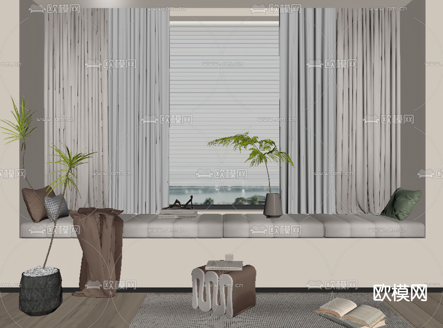 现代飘窗 飘窗垫su模型下载（渲染图2）