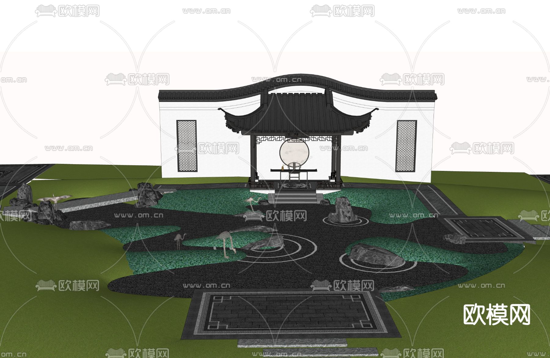 中式小区景观su模型下载（渲染图4）