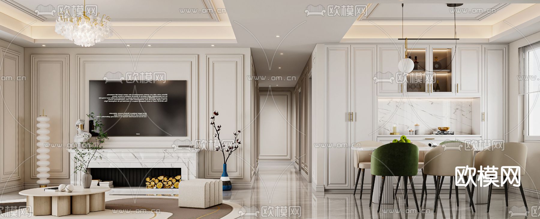 简欧客餐厅3d模型下载（渲染图3）