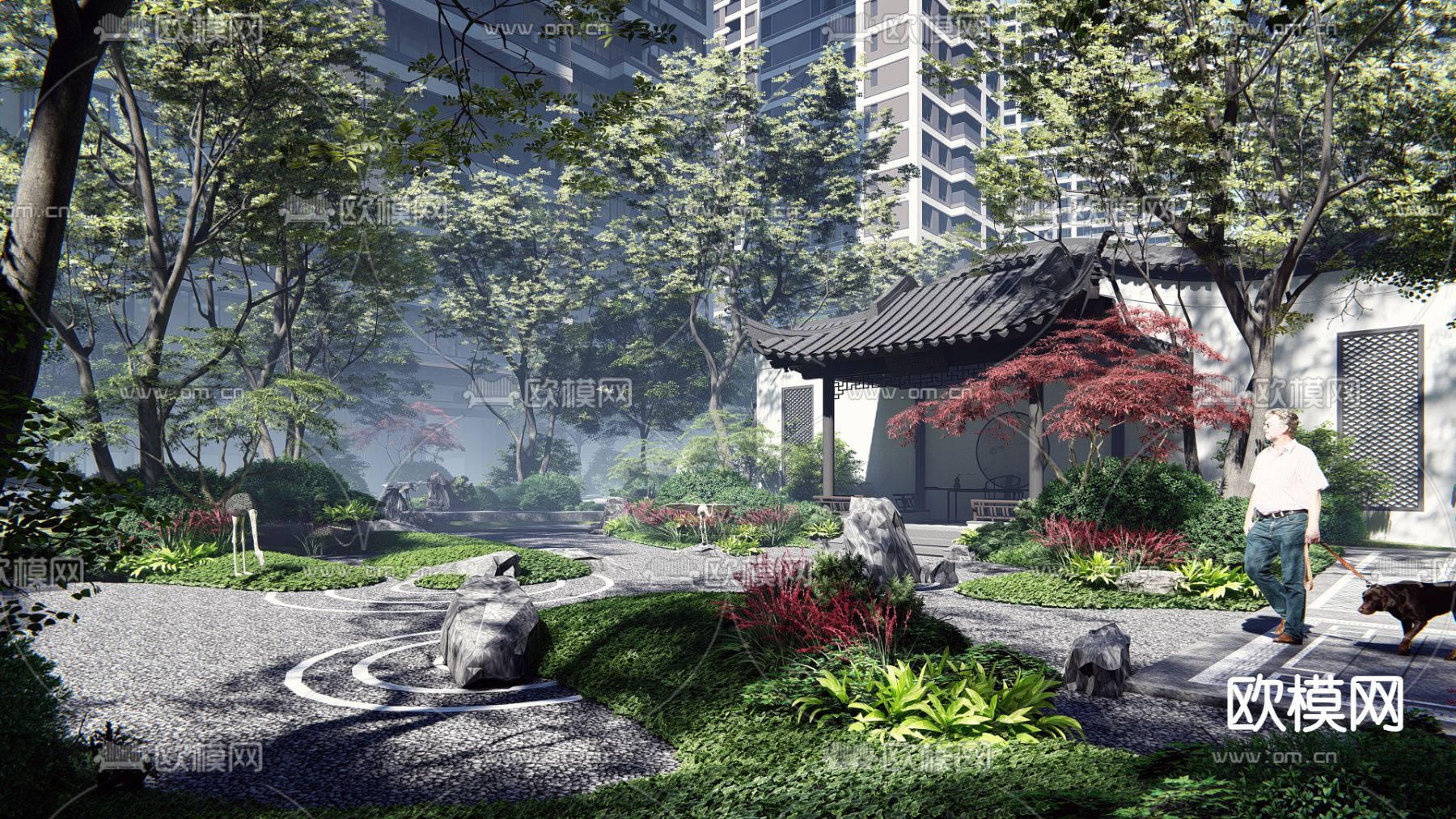 中式小区景观su模型下载（渲染图1）