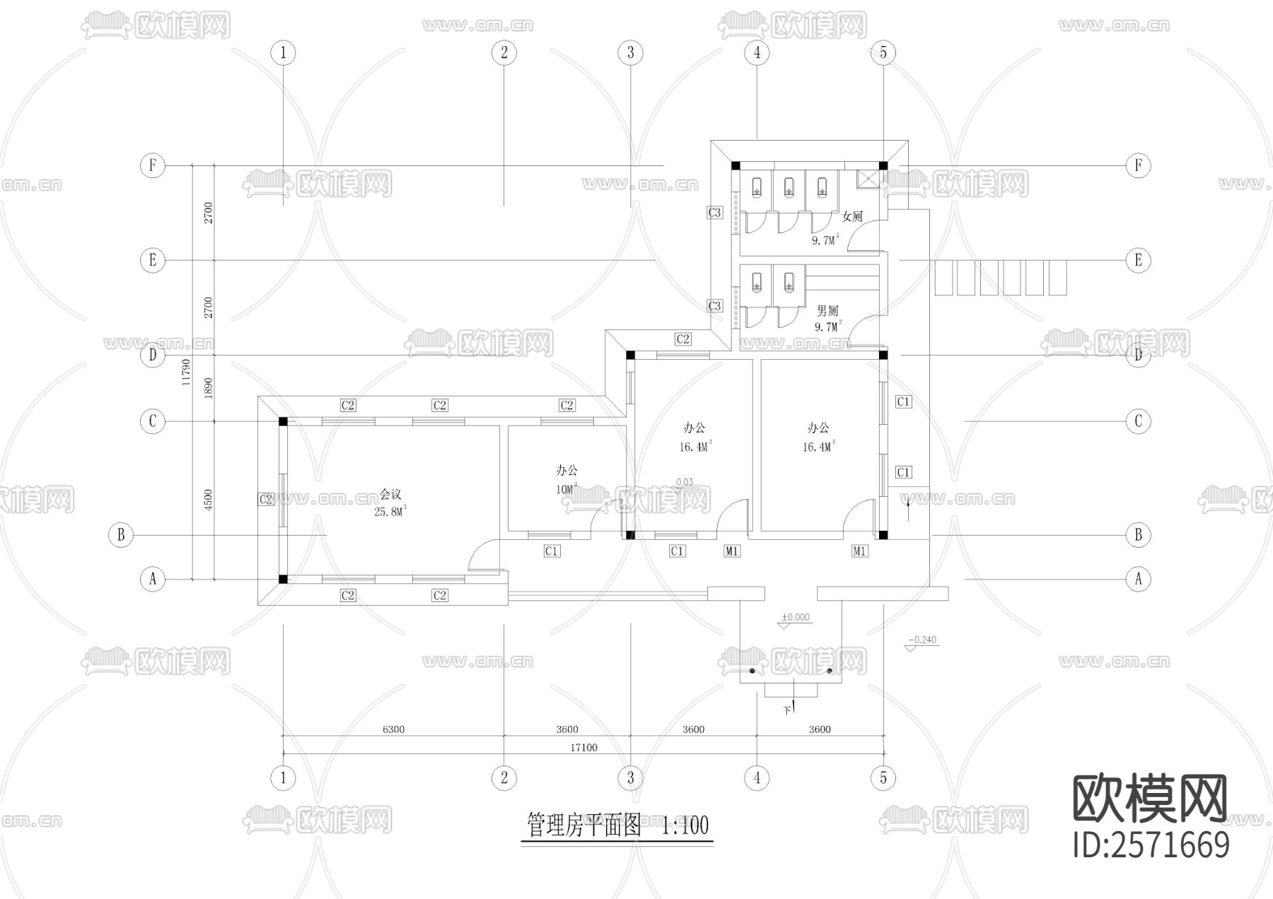 公园内管理房cad施工图下载（渲染图2）