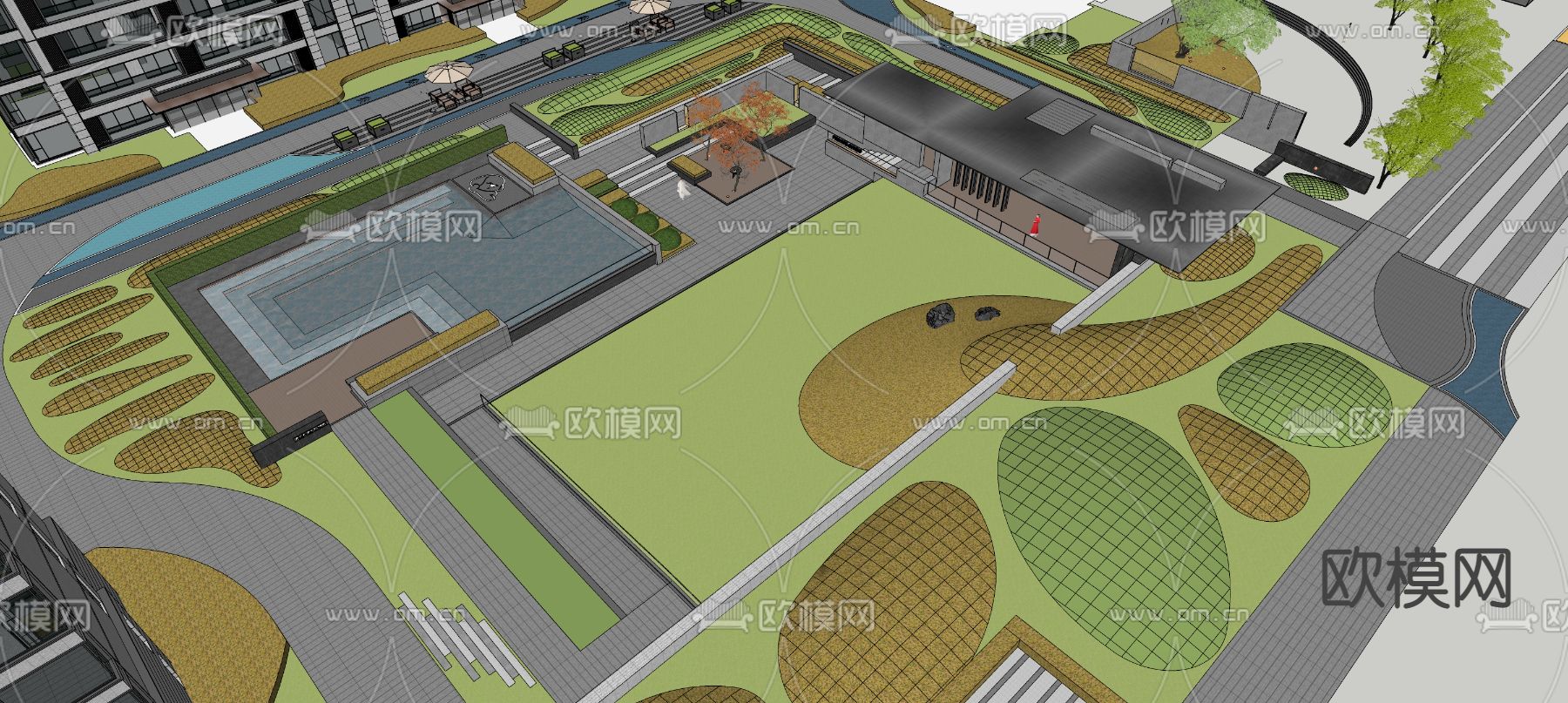 现代小区景观su模型下载（渲染图3）