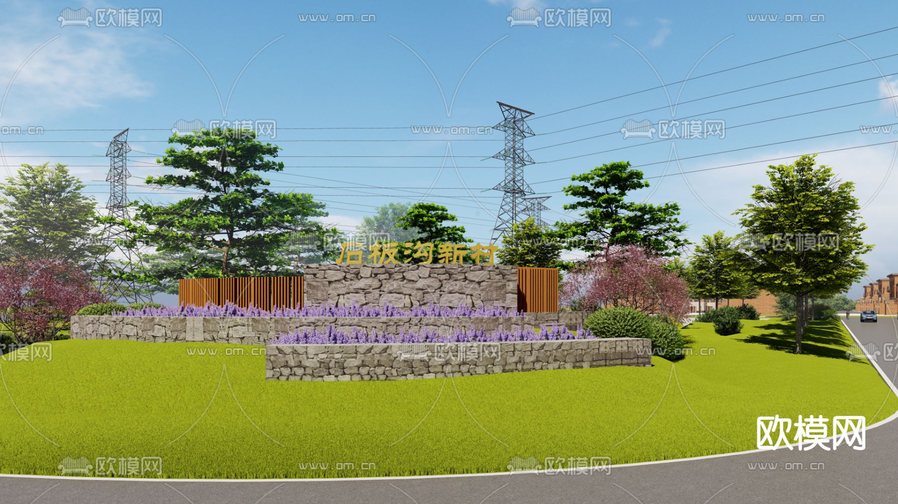 新中式入口景墙su模型下载（渲染图1）