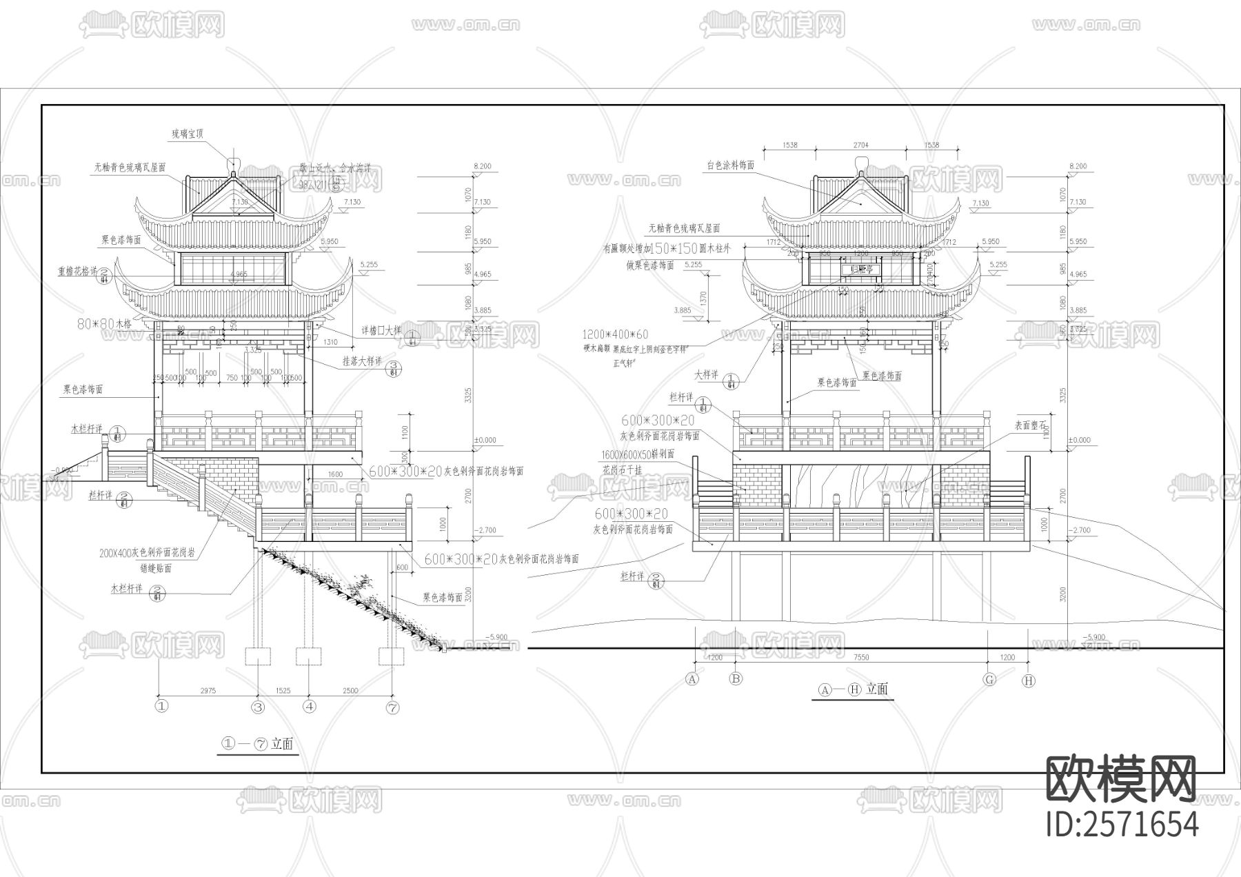 回雁峰归雁亭建筑cad施工图下载（渲染图3）