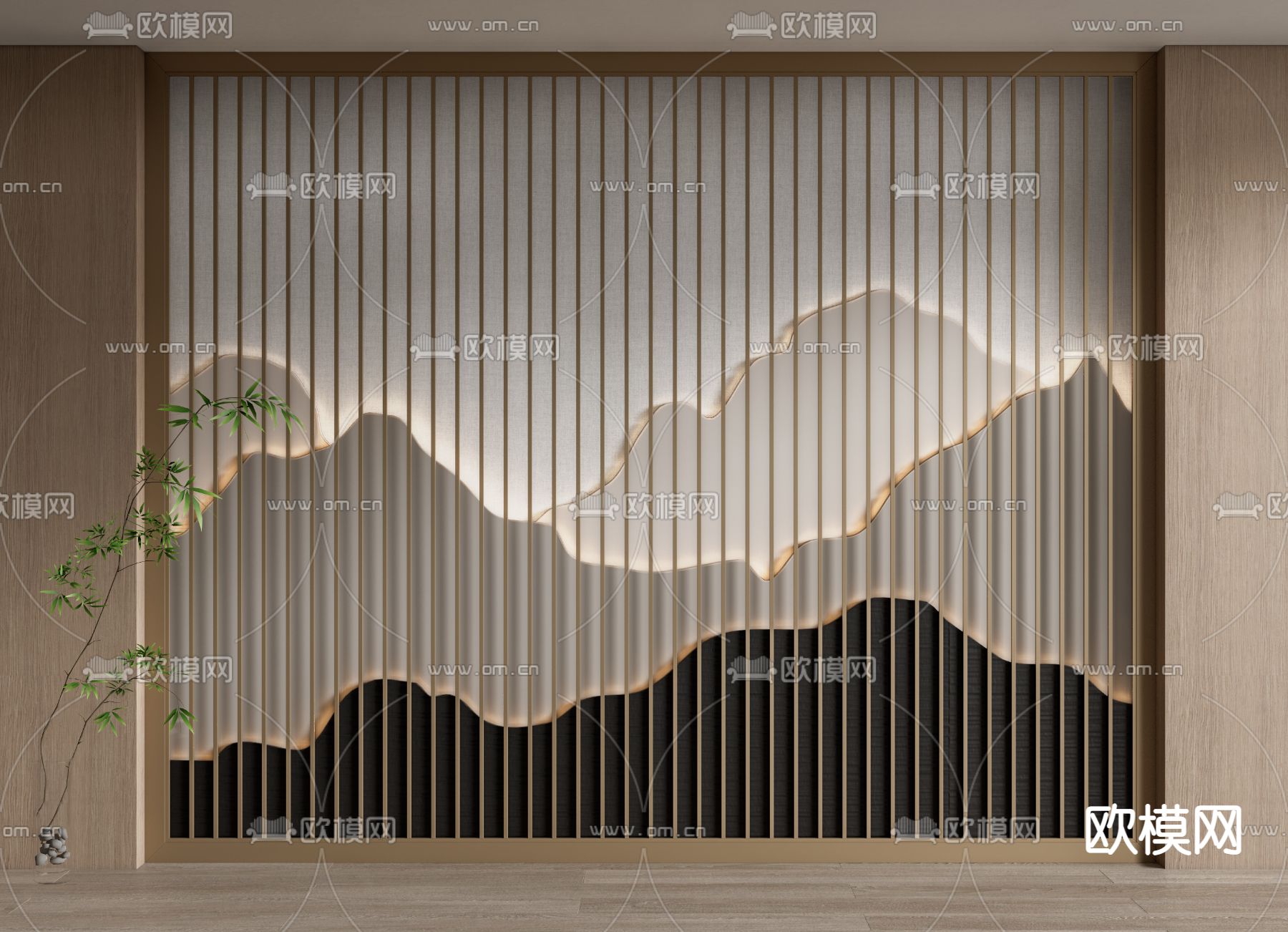 新中式格栅背景 山水背景3d模型