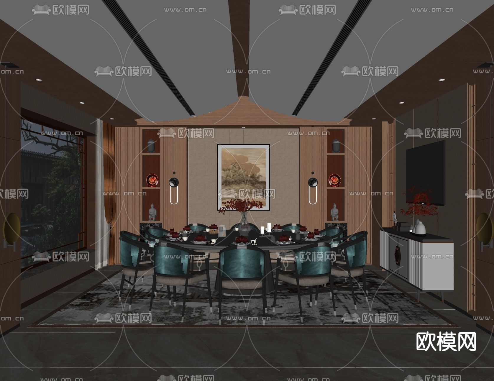 新中式餐厅包房su模型下载（渲染图2）
