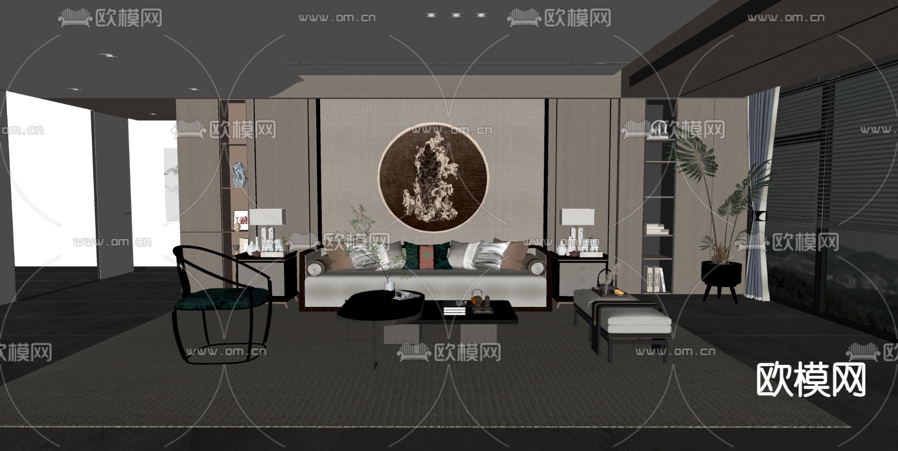 新中式客厅su模型下载（渲染图2）