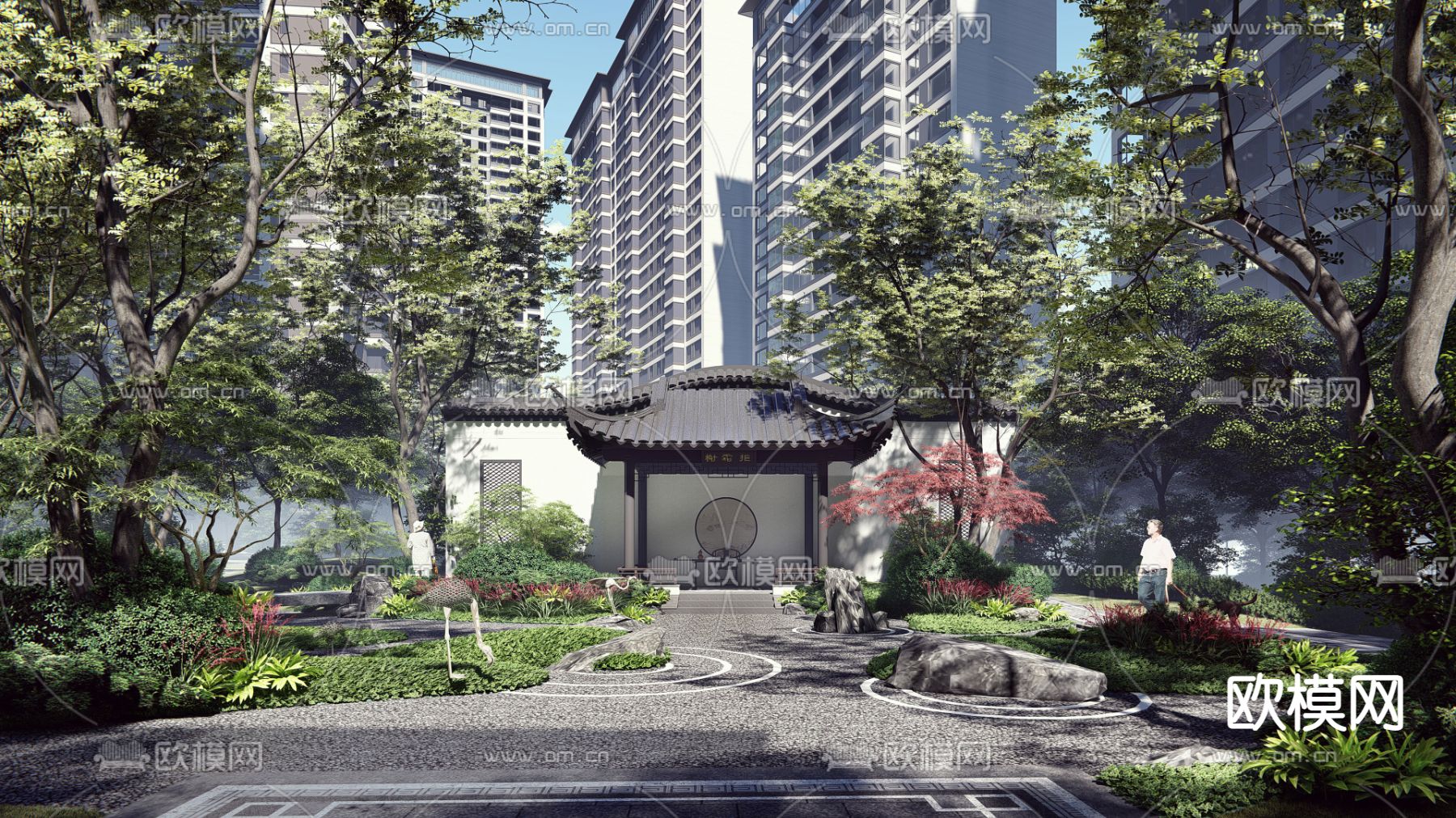 中式小区景观su模型下载（渲染图2）