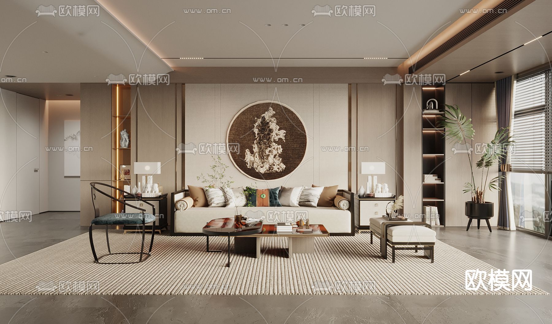 新中式客厅su模型下载（渲染图1）