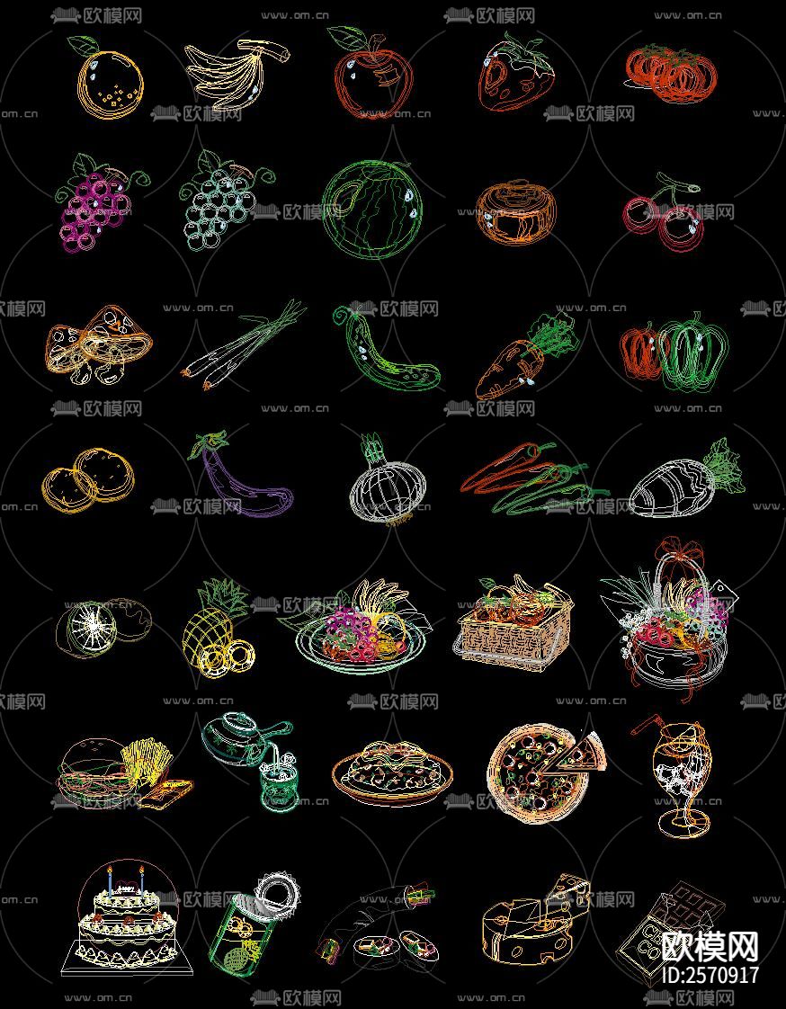 瓜果蔬菜花卉美食cad图库下载（渲染图3）