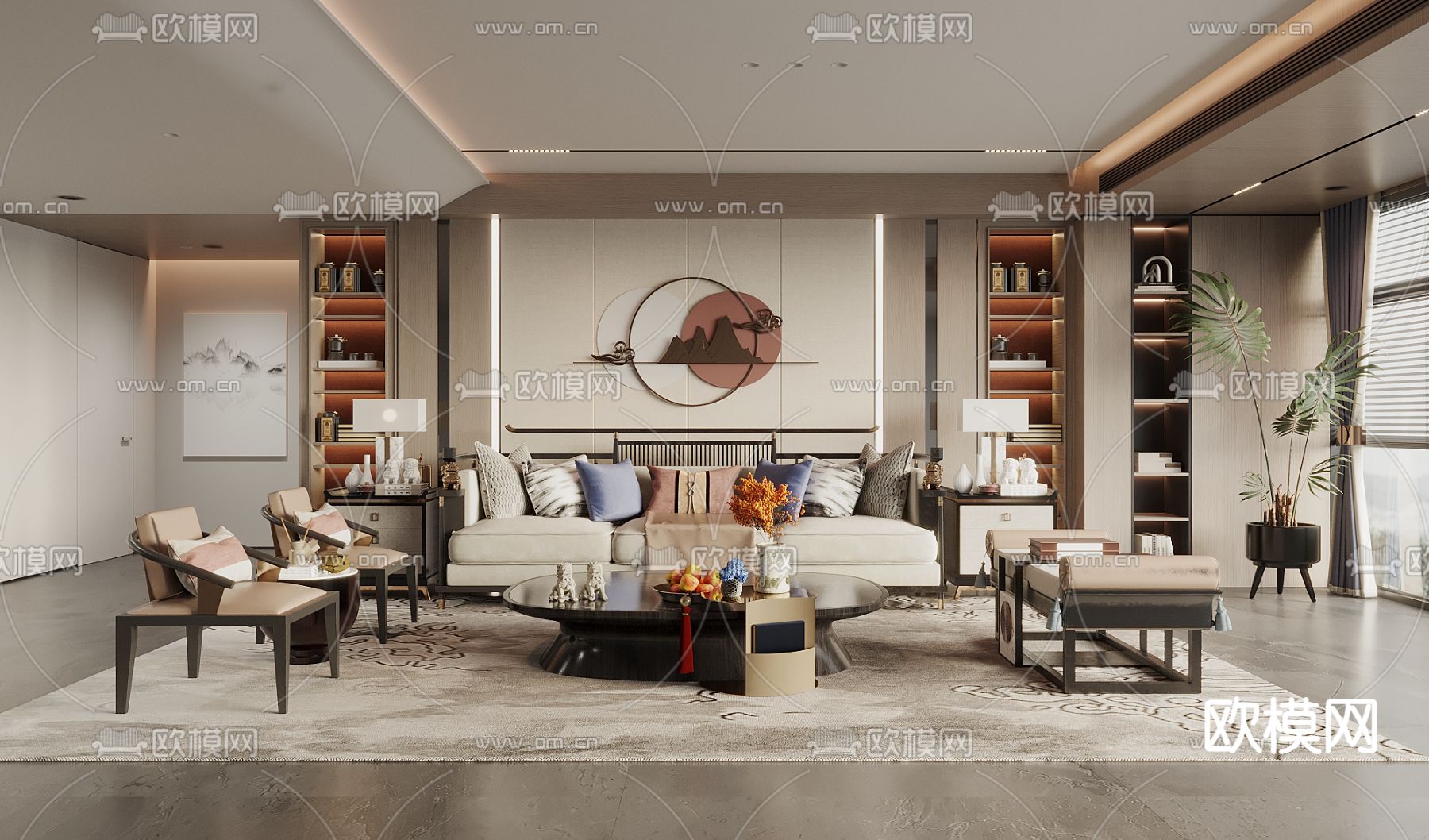 新中式客厅su模型下载（渲染图1）