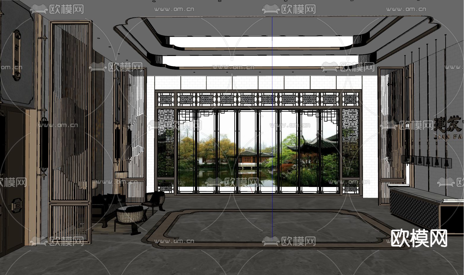 新中式会所大堂su模型下载（渲染图2）