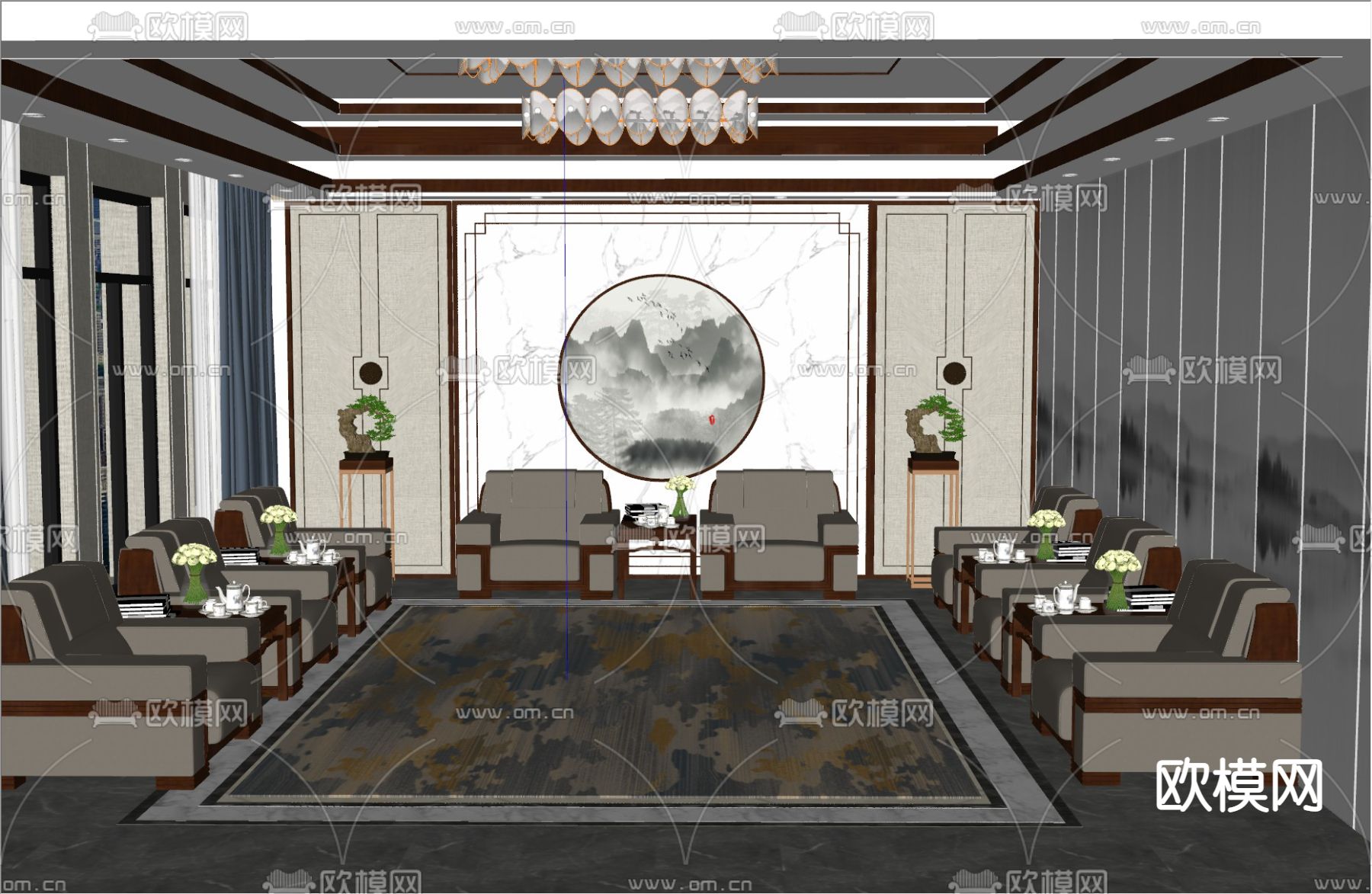 新中式待客室su模型下载（渲染图3）