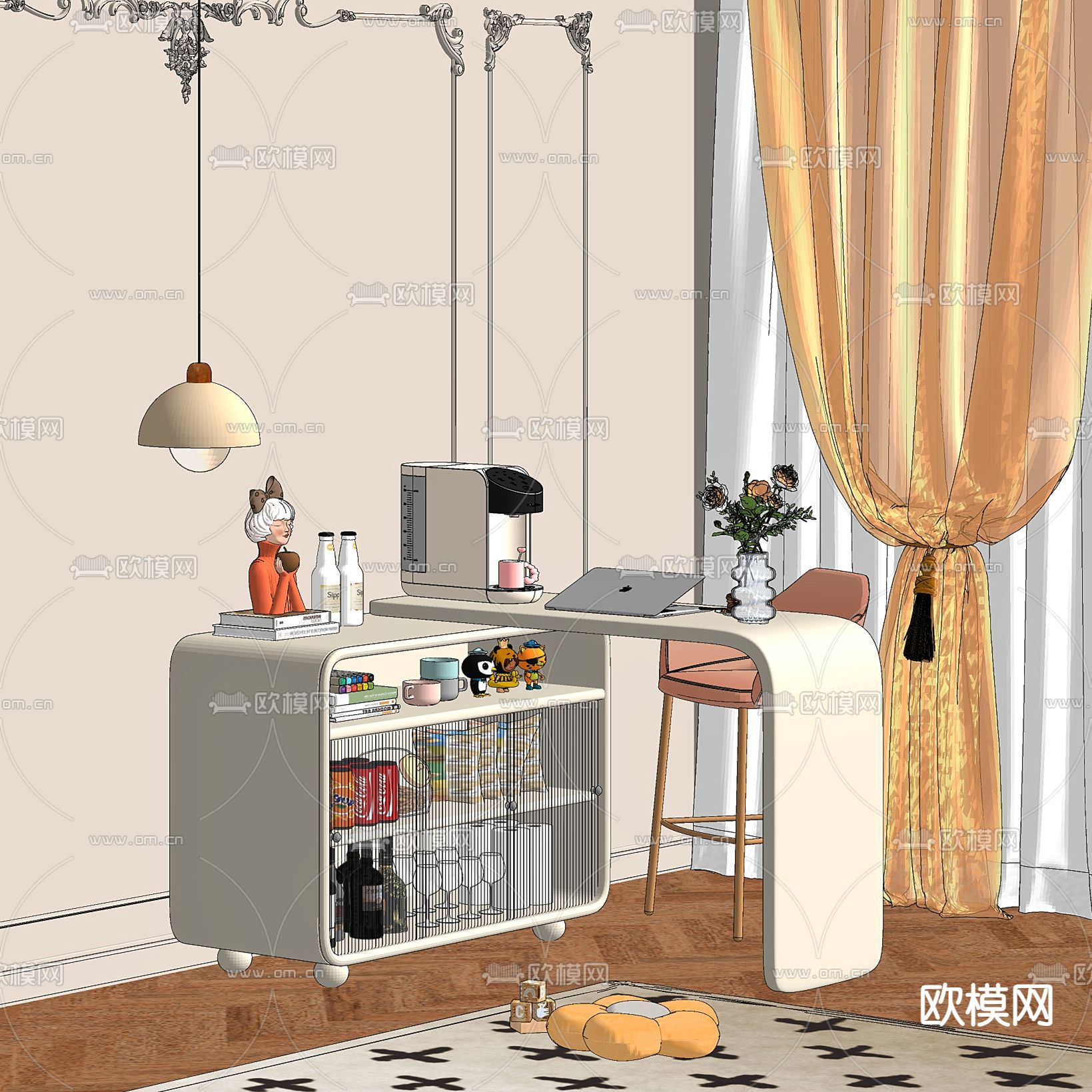 奶油风吧台 餐边柜su模型下载（渲染图2）