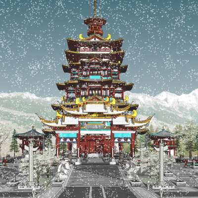  唐代宝塔雪景 塔楼 寺庙su模型 