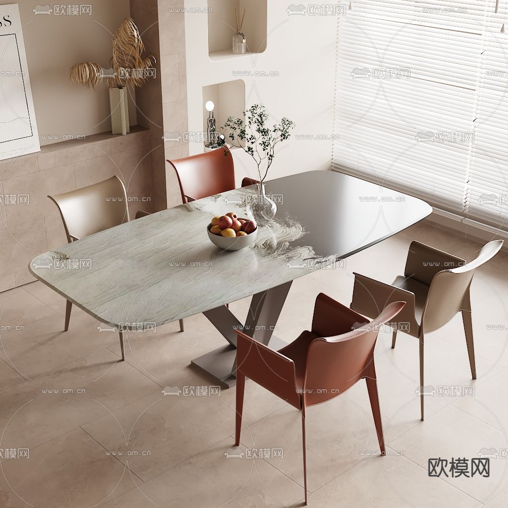 条形餐桌椅3d模型下载