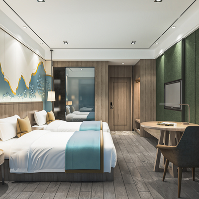  酒店客房 双床房su模型 