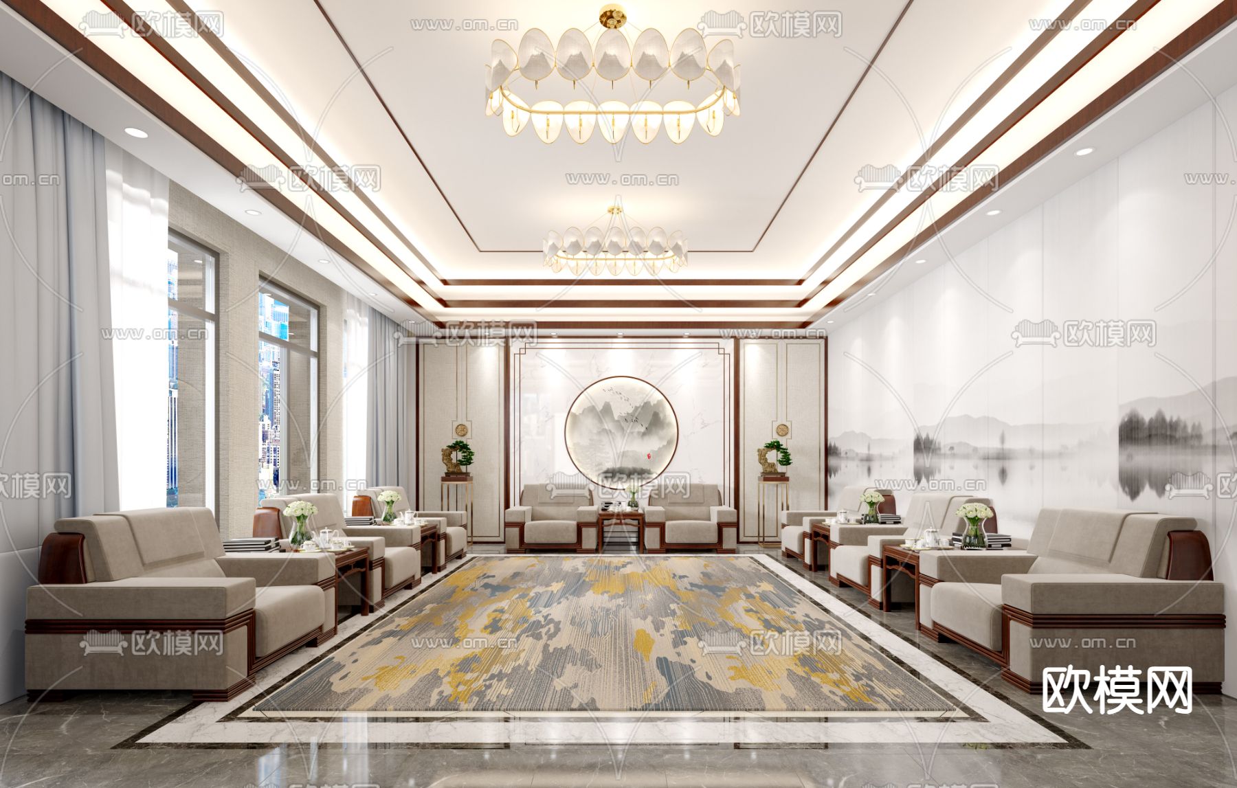 新中式待客室su模型下载（渲染图1）