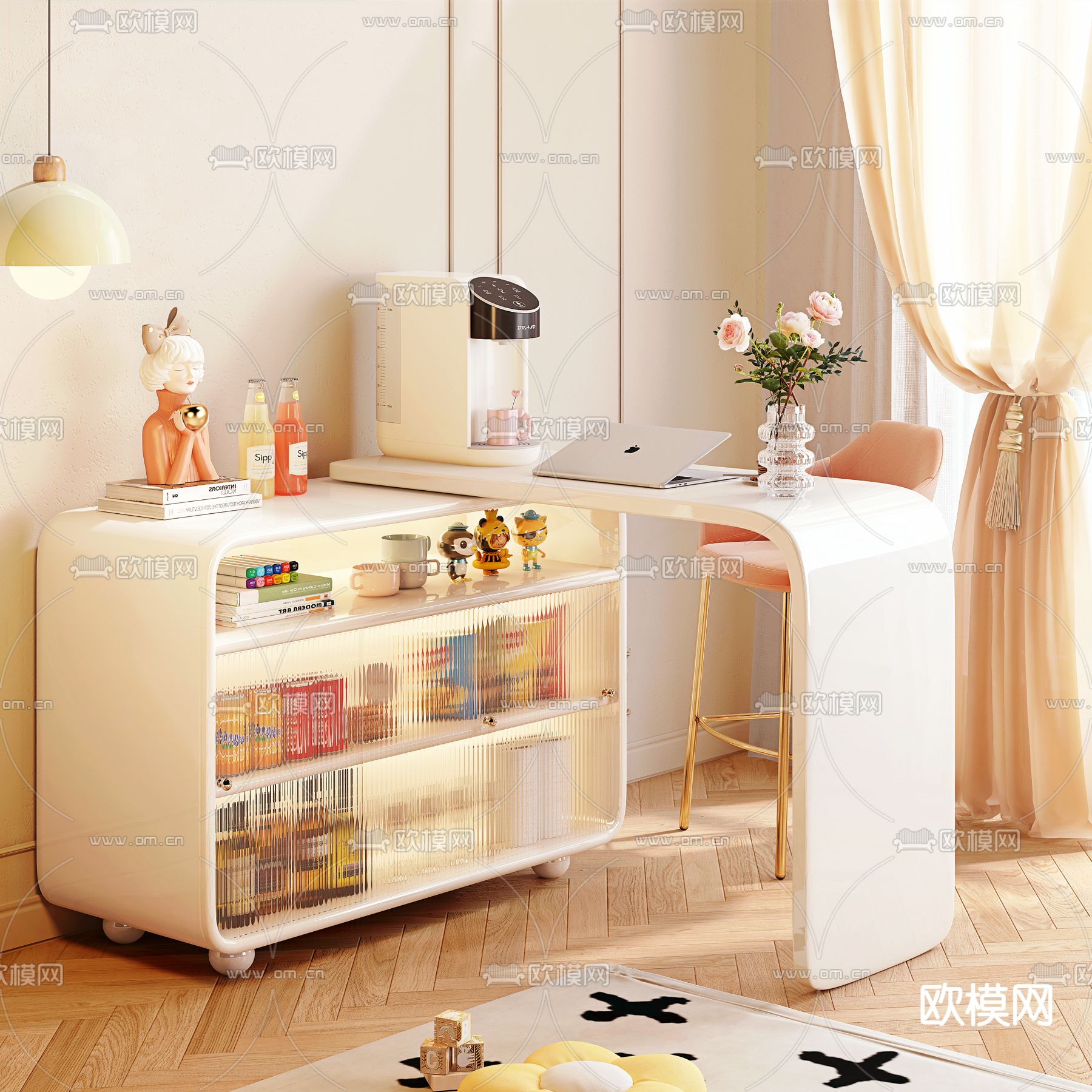 奶油风吧台 餐边柜su模型下载（渲染图1）