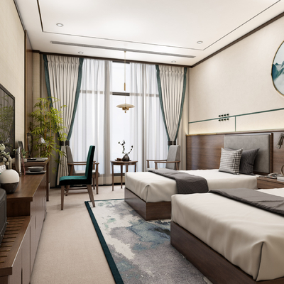  新中式酒店 客房su模型 