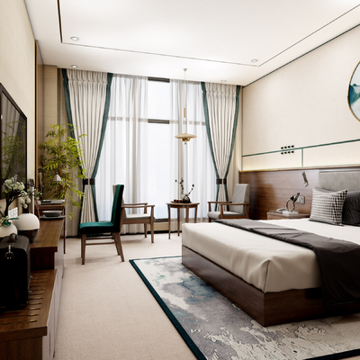  新中式酒店 客房su模型 