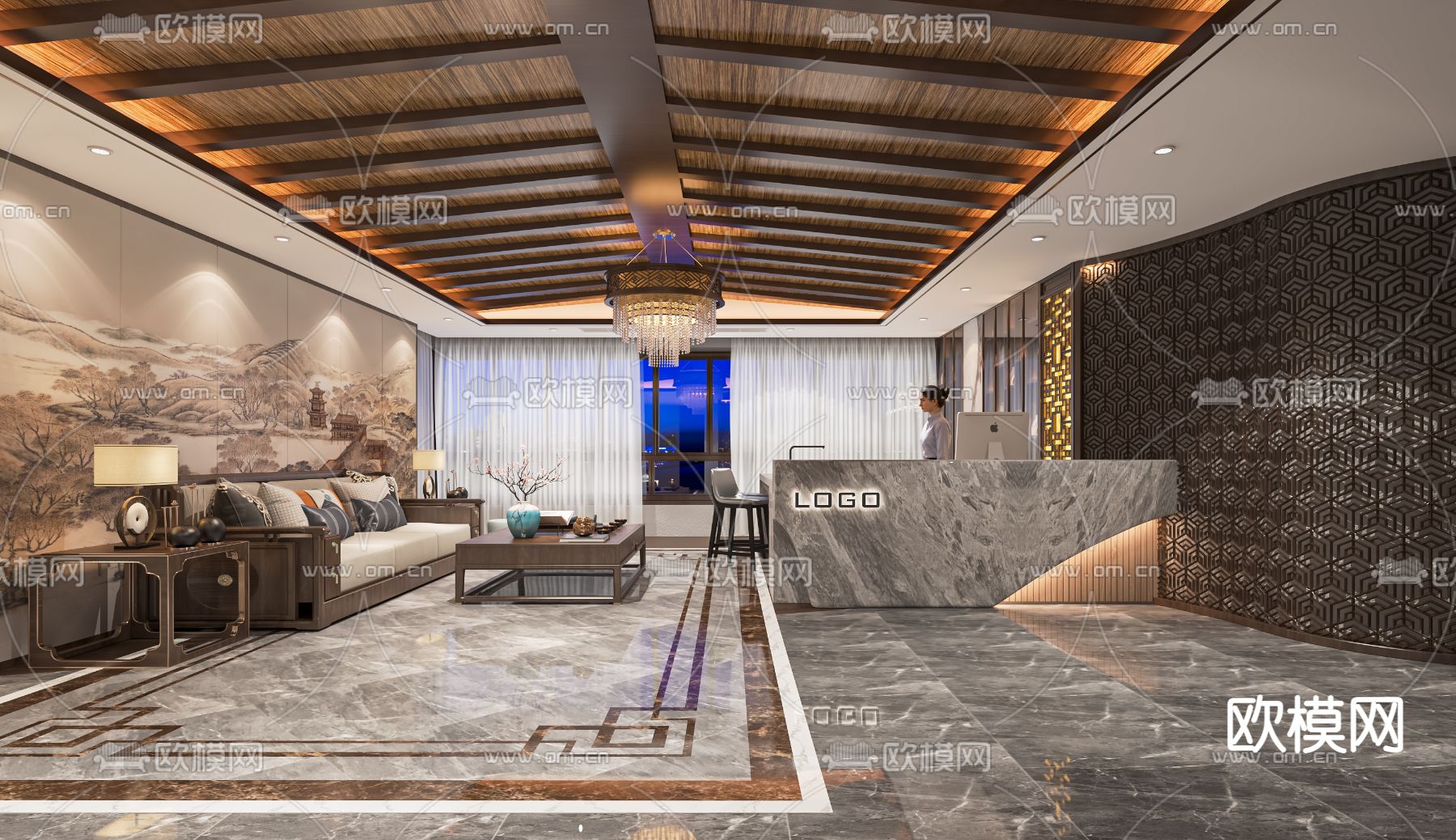 新中式美容院大厅su模型下载