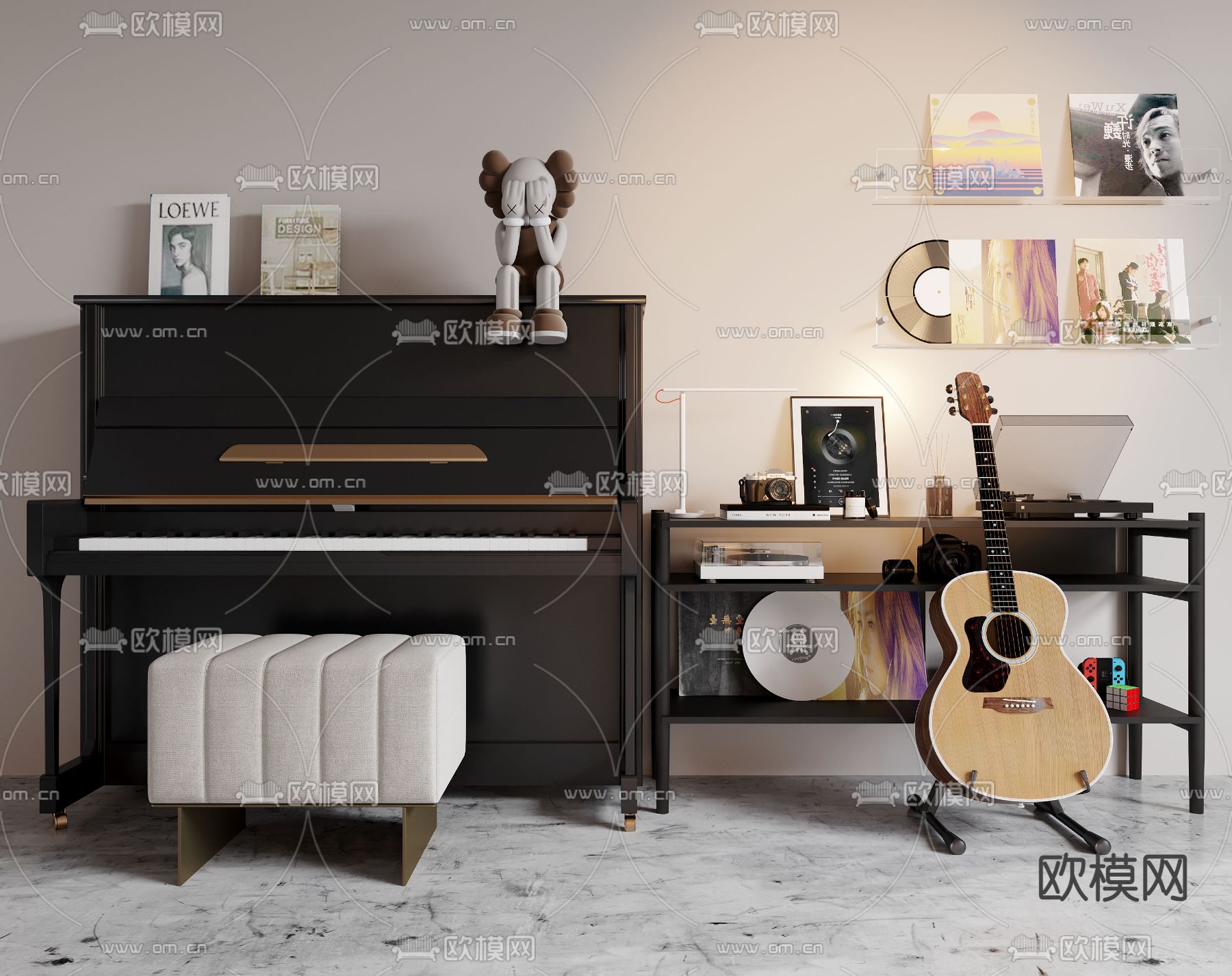 钢琴 吉他 唱片 乐器3d模型下载